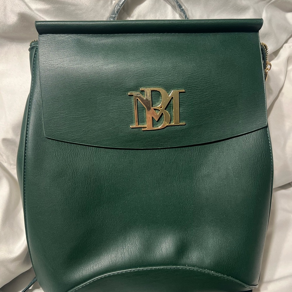 Badgley Mischka Green Leather Backpack with Gold Emblem